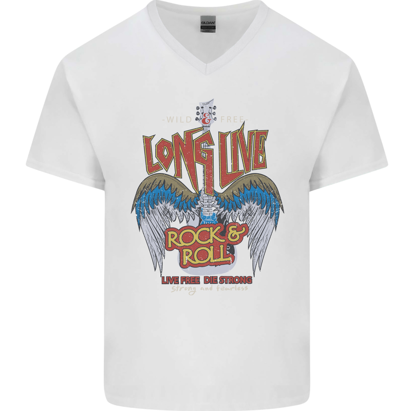 Long Live Rock n Roll Heavy Metal Guitar Mens V-Neck Cotton T-Shirt White
