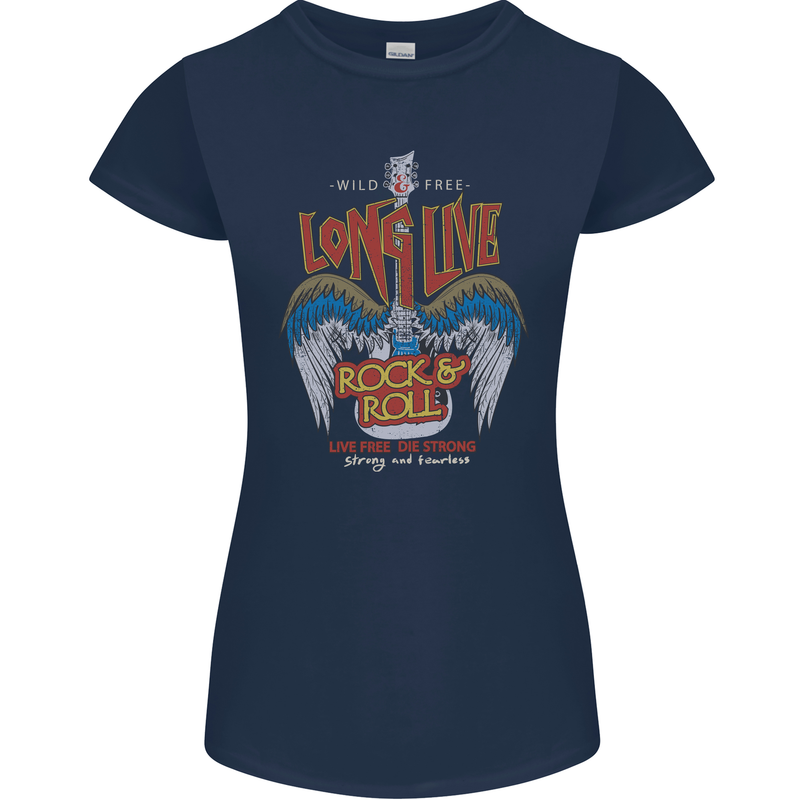 Long Live Rock n Roll Heavy Metal Guitar Womens Petite Cut T-Shirt Navy Blue