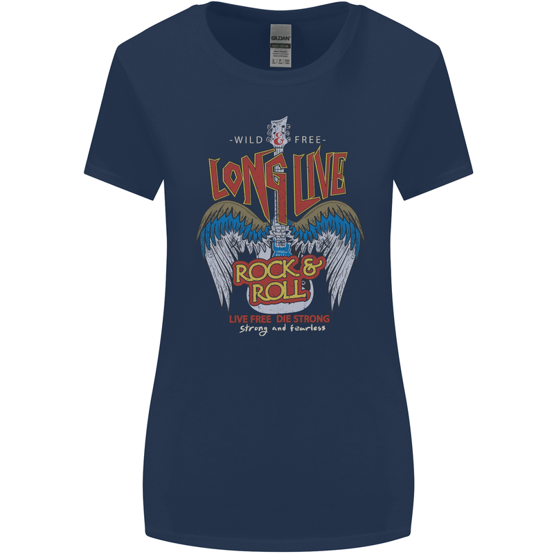 Long Live Rock n Roll Heavy Metal Guitar Womens Wider Cut T-Shirt Navy Blue