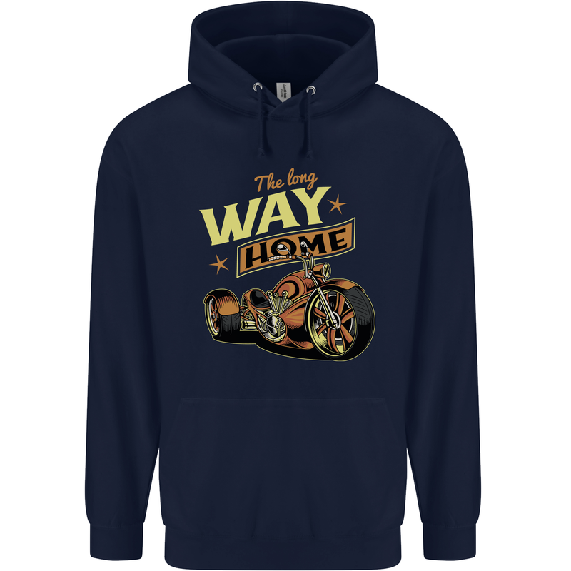 Long Way Home Motorcycle Chopper Biker Mens 80% Cotton Hoodie Navy Blue