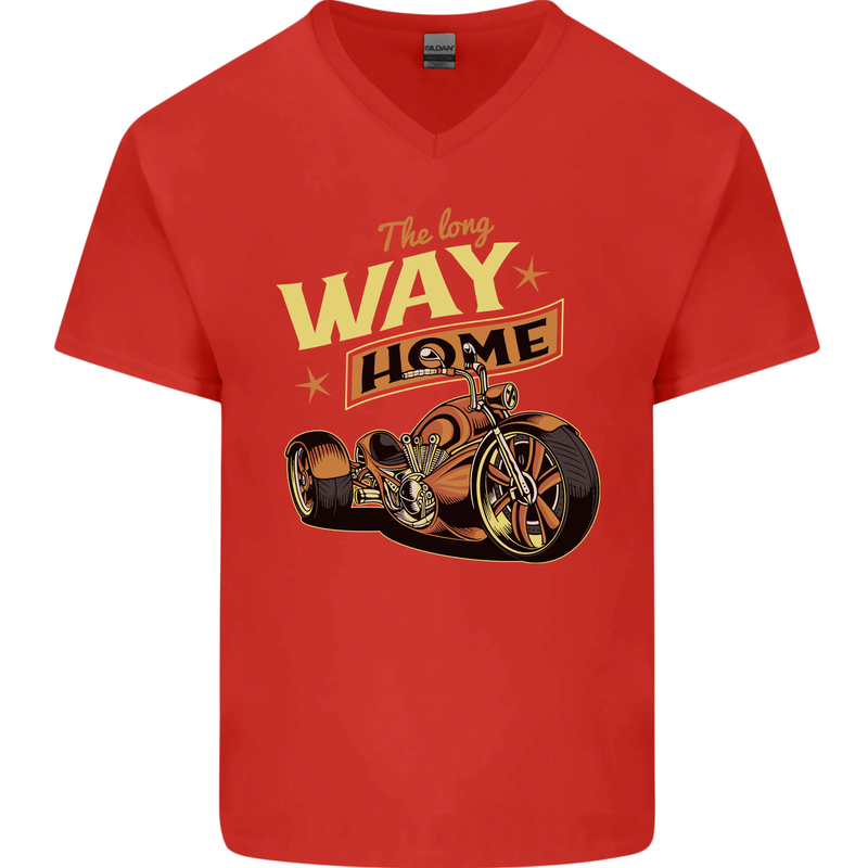 Long Way Home Motorcycle Chopper Biker Mens V-Neck Cotton T-Shirt Red