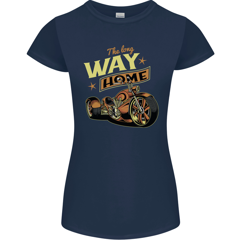 Long Way Home Motorcycle Chopper Biker Womens Petite Cut T-Shirt Navy Blue