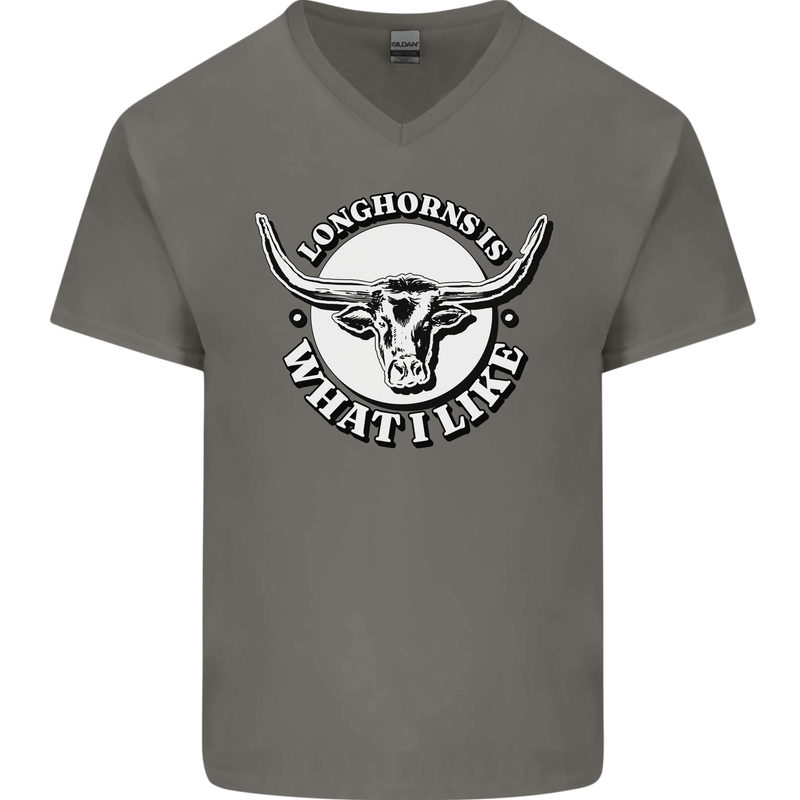 Longhorns is What I Like Cow Cattle Mens V-Neck Cotton T-Shirt Charcoal