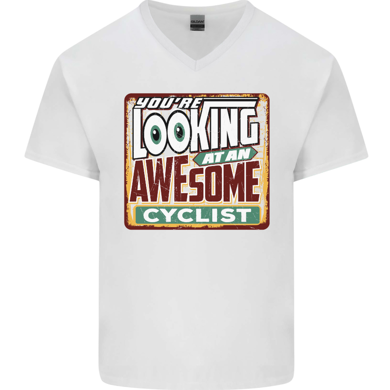 Looking at an Awesome Cyclist Cycling Mens V-Neck Cotton T-Shirt White