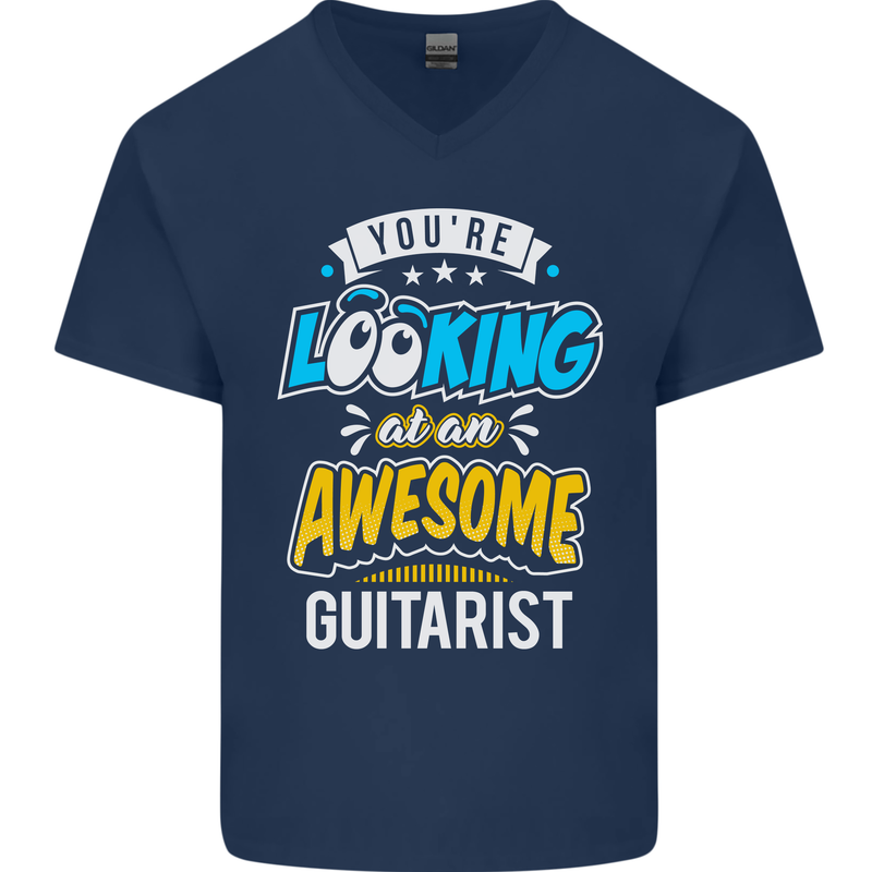 Looking at an Awesome Guitarist Guitar Mens V-Neck Cotton T-Shirt Navy Blue