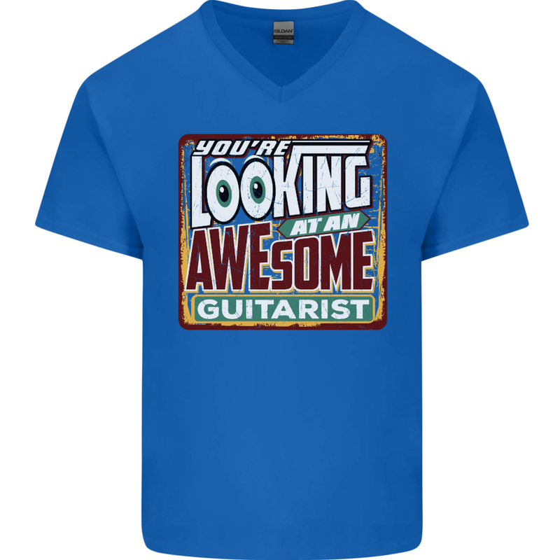 Looking at an Awesome Guitarist Guitar Mens V-Neck Cotton T-Shirt Royal Blue