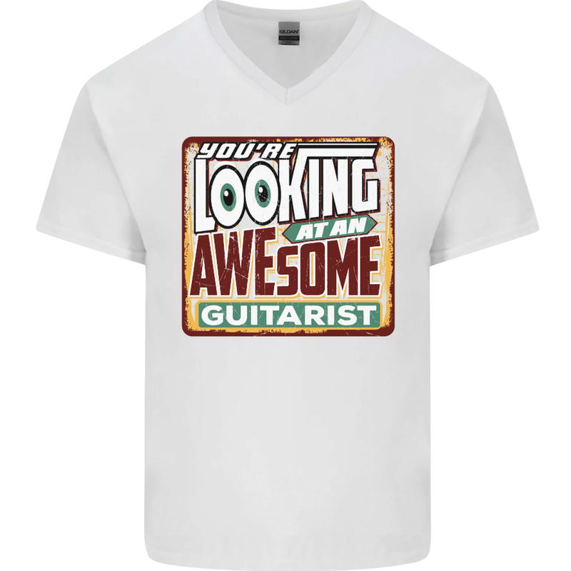 Looking at an Awesome Guitarist Guitar Mens V-Neck Cotton T-Shirt White