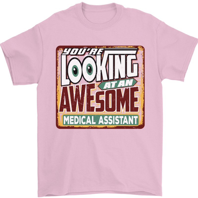 Looking at an Awesome Medical Assistant Mens T-Shirt Cotton Gildan Light Pink