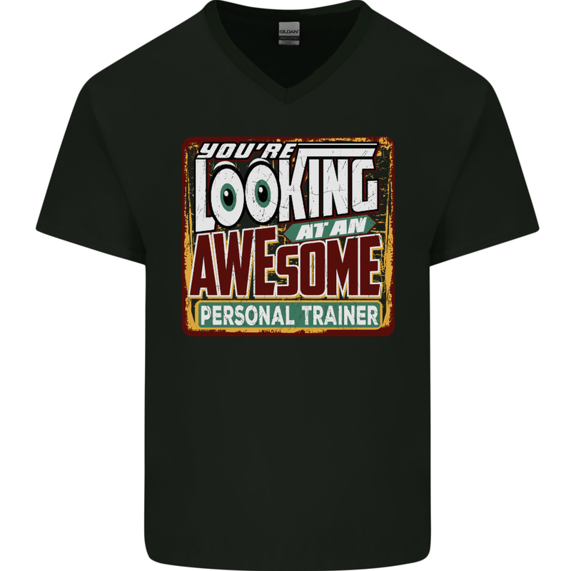 Looking at an Awesome Personal Trainer Mens V-Neck Cotton T-Shirt Black