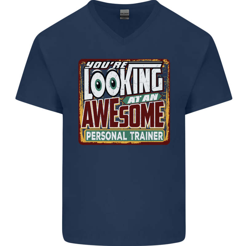 Looking at an Awesome Personal Trainer Mens V-Neck Cotton T-Shirt Navy Blue