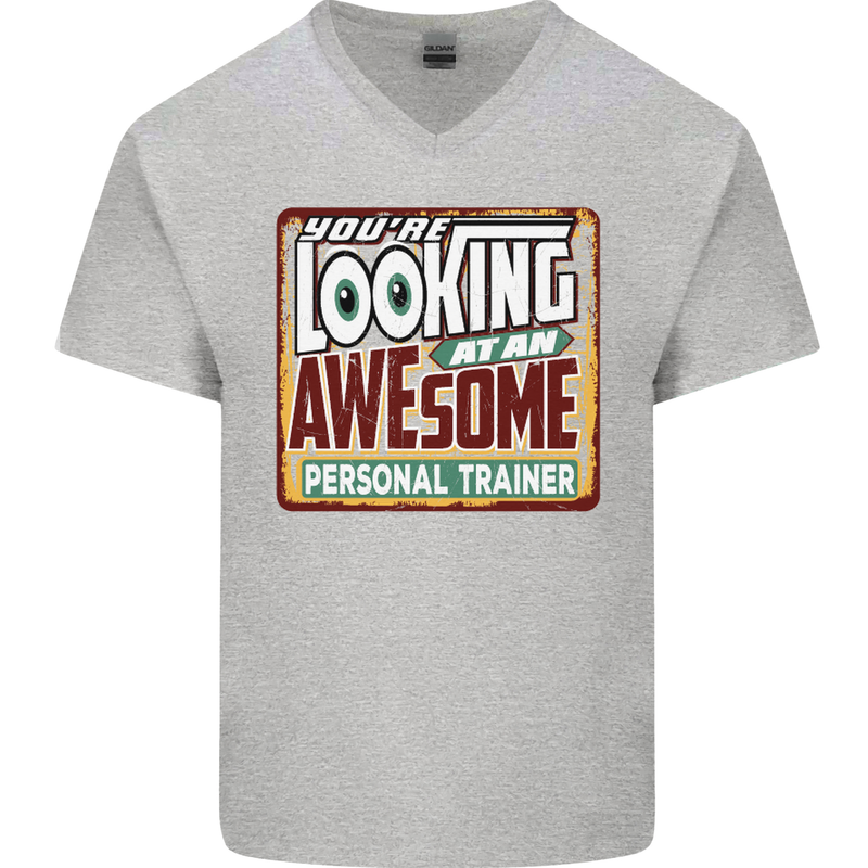 Looking at an Awesome Personal Trainer Mens V-Neck Cotton T-Shirt Sports Grey