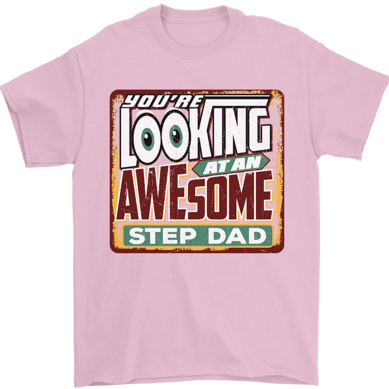 Looking at an Awesome Stepdad Mens T-Shirt Cotton Gildan Light Pink