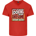 Looking at an Awesome Stepdad Mens V-Neck Cotton T-Shirt Red