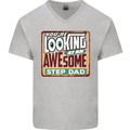 Looking at an Awesome Stepdad Mens V-Neck Cotton T-Shirt Sports Grey