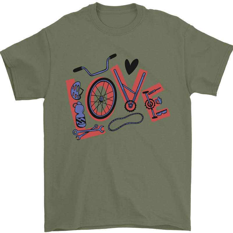 Love Cycling Funny Bicycle Bike Mens T-Shirt Cotton Gildan Military Green
