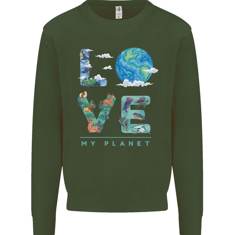 Love My Planet Climate Change Environment Kids Sweatshirt Jumper Forest Green