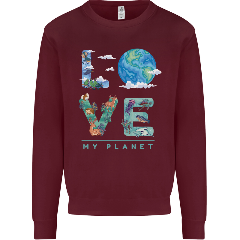Love My Planet Climate Change Environment Kids Sweatshirt Jumper Maroon
