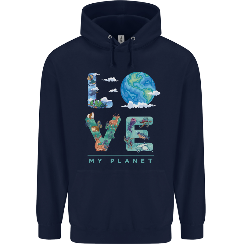 Love My Planet Climate Change Environment Mens 80% Cotton Hoodie Navy Blue