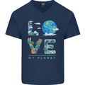 Love My Planet Climate Change Environment Mens V-Neck Cotton T-Shirt Navy Blue