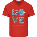Love My Planet Climate Change Environment Mens V-Neck Cotton T-Shirt Red