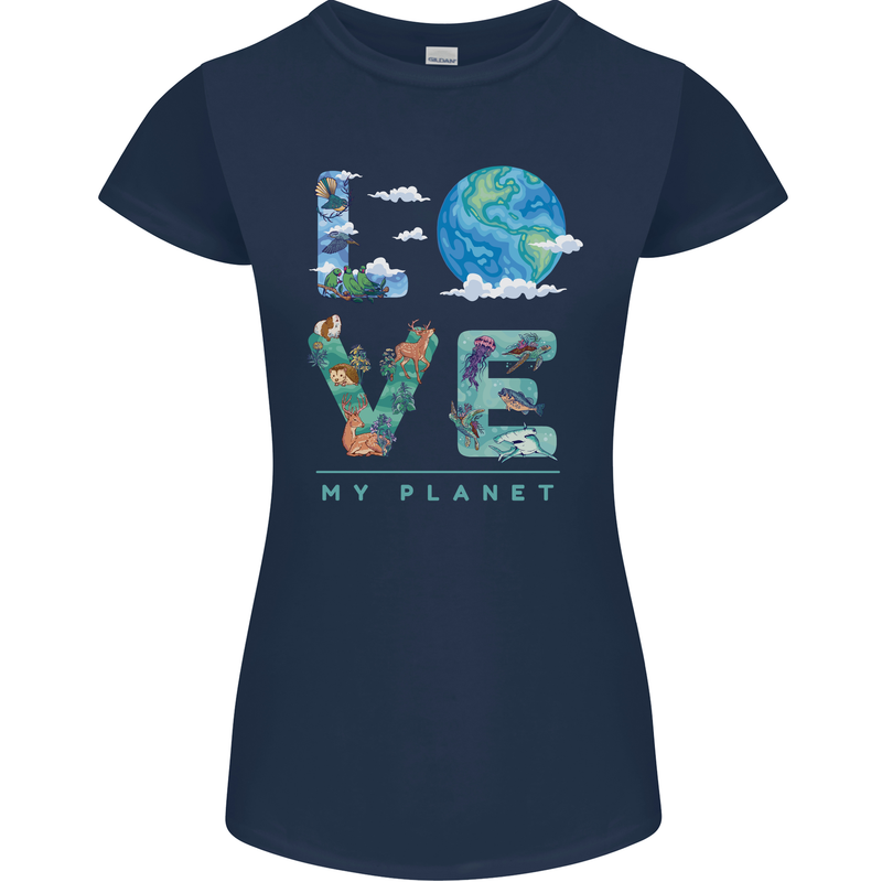 Love My Planet Climate Change Environment Womens Petite Cut T-Shirt Navy Blue