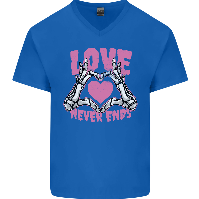 Love Never Ends Gothic Valentine's Day Mens V-Neck Cotton T-Shirt Royal Blue