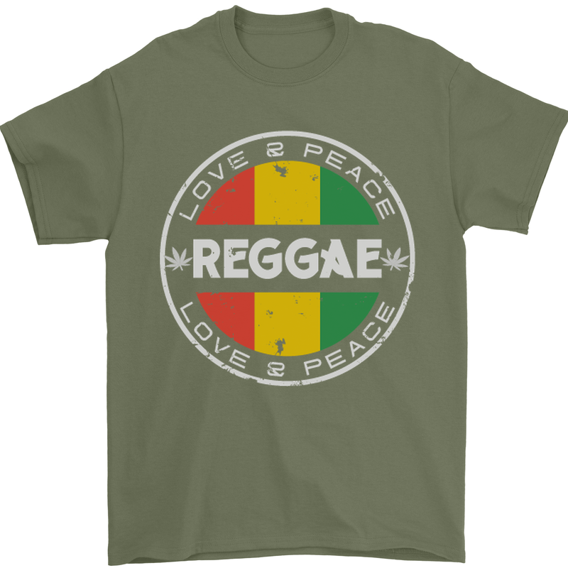 Love Peace Reggae Music Mens T-Shirt Cotton Gildan Military Green