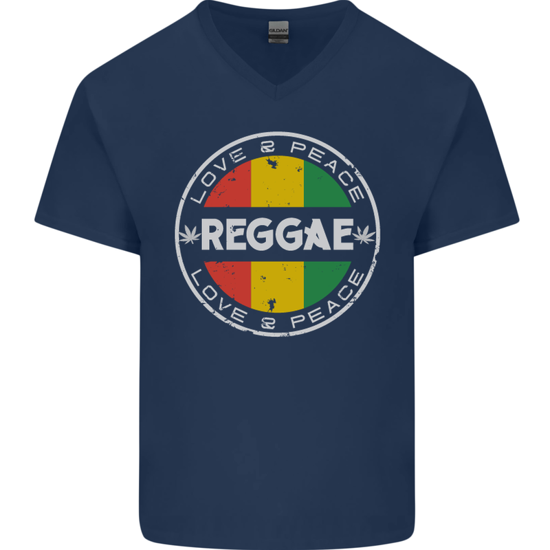 Love Peace Reggae Music Mens V-Neck Cotton T-Shirt Navy Blue