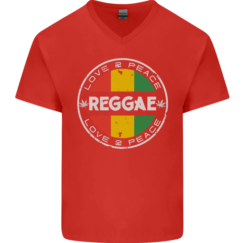 Love Peace Reggae Music Mens V-Neck Cotton T-Shirt Red