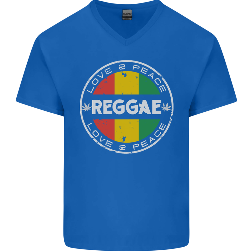 Love Peace Reggae Music Mens V-Neck Cotton T-Shirt Royal Blue
