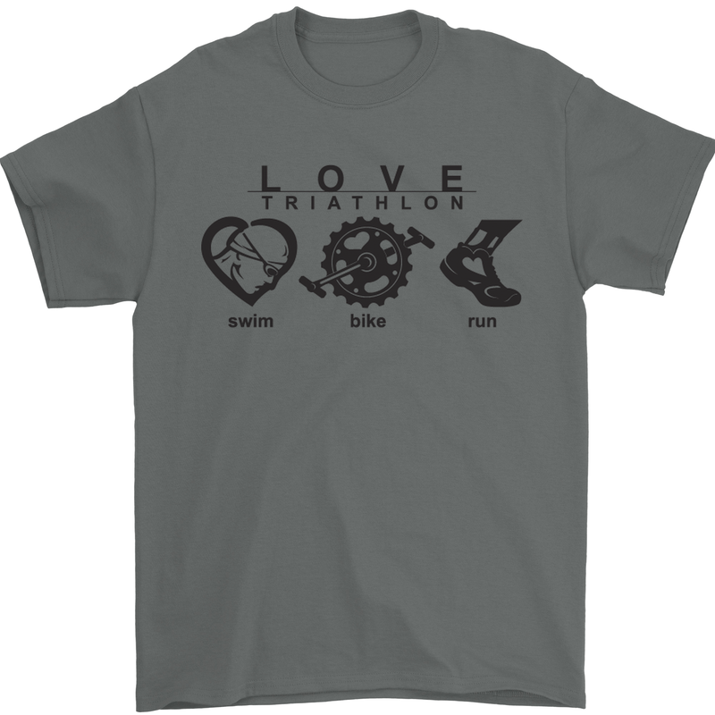 Love Triathlon Running Swimming Cycling Mens T-Shirt Cotton Gildan Charcoal