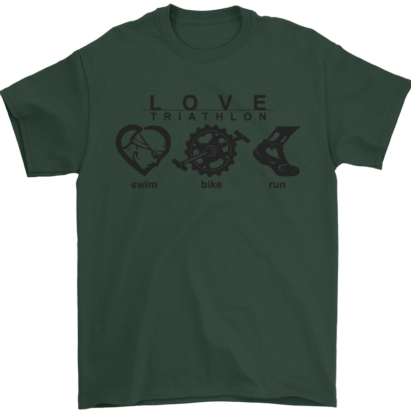 Love Triathlon Running Swimming Cycling Mens T-Shirt Cotton Gildan Forest Green
