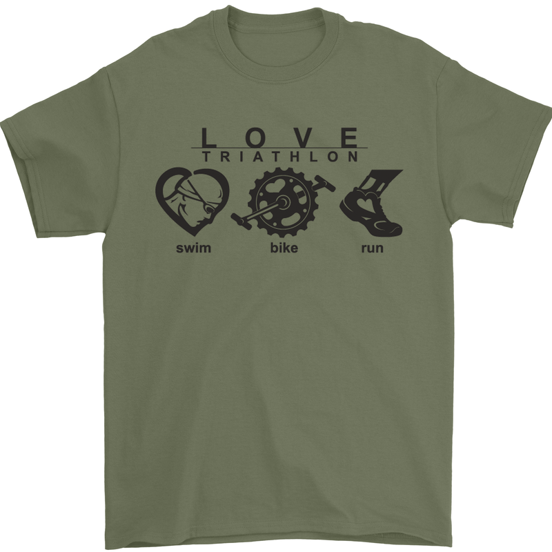 Love Triathlon Running Swimming Cycling Mens T-Shirt Cotton Gildan Military Green