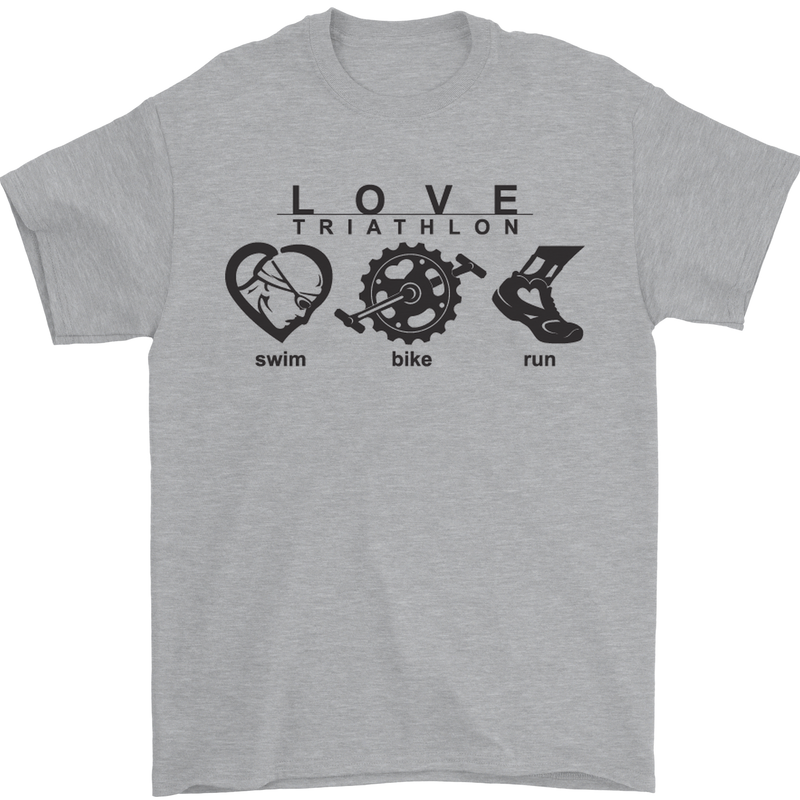 Love Triathlon Running Swimming Cycling Mens T-Shirt Cotton Gildan Sports Grey