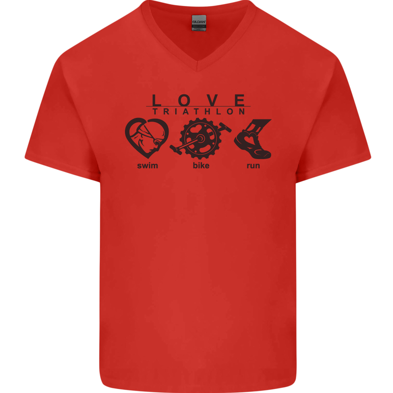 Love Triathlon Running Swimming Cycling Mens V-Neck Cotton T-Shirt Red