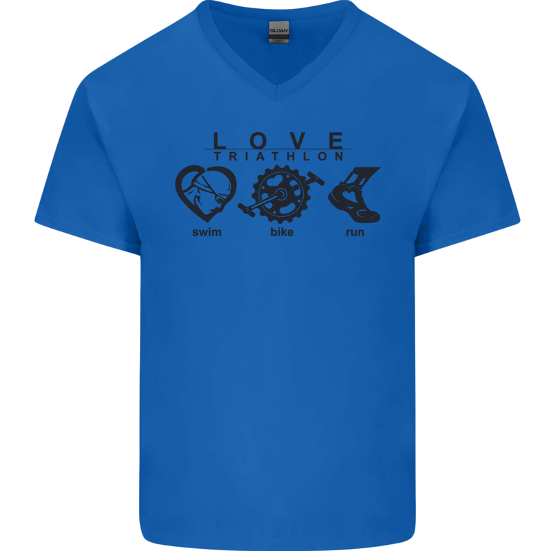 Love Triathlon Running Swimming Cycling Mens V-Neck Cotton T-Shirt Royal Blue