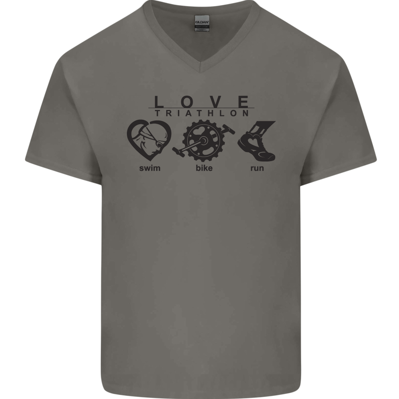 Love Triathlon Running Swimming Cycling Mens V-Neck Cotton T-Shirt Sports Grey