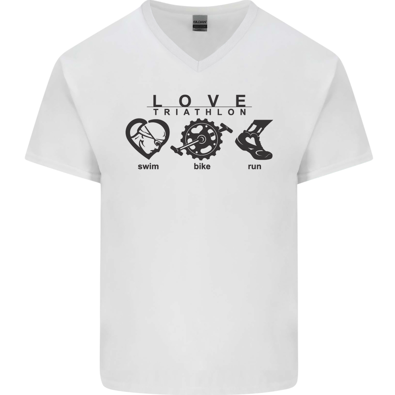 Love Triathlon Running Swimming Cycling Mens V-Neck Cotton T-Shirt White