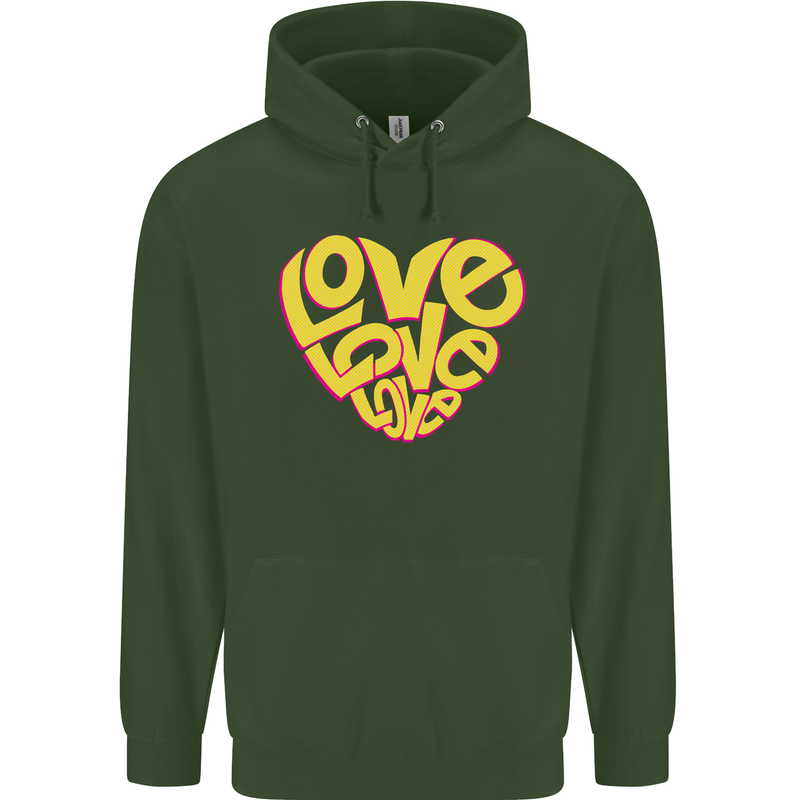Love Word Art Heart Shape Anti-War Hippy Childrens Kids Hoodie Forest Green