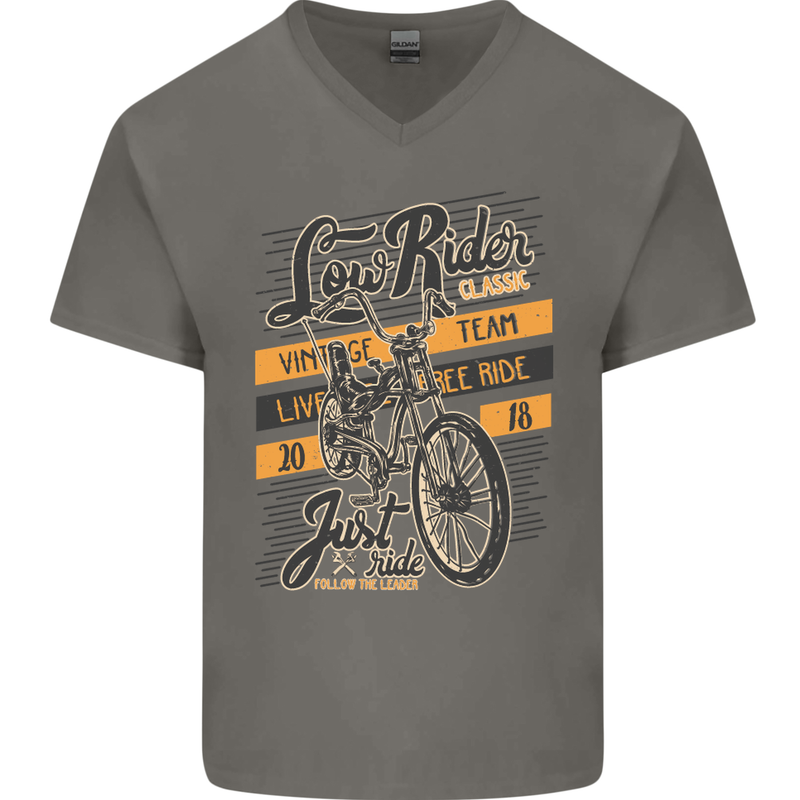Low Rider Classic Chopper Biker Motorcycle Mens V-Neck Cotton T-Shirt Charcoal
