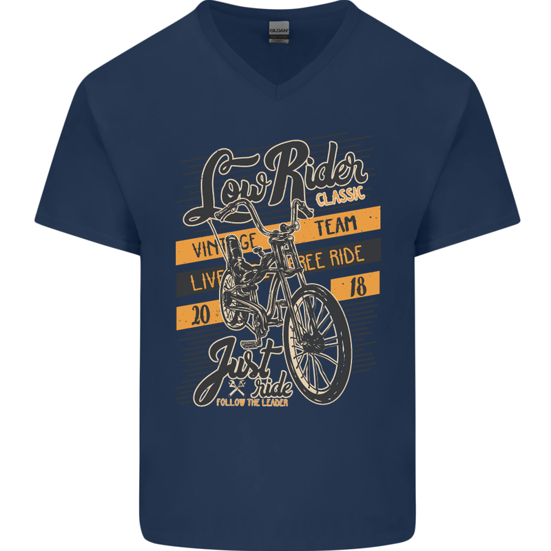 Low Rider Classic Chopper Biker Motorcycle Mens V-Neck Cotton T-Shirt Navy Blue