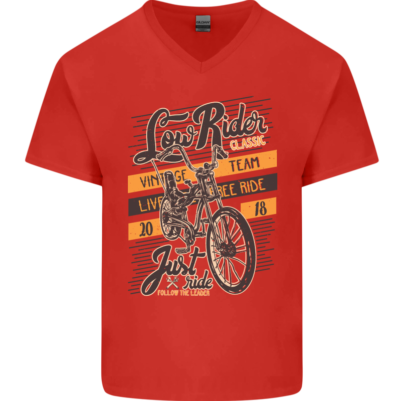 Low Rider Classic Chopper Biker Motorcycle Mens V-Neck Cotton T-Shirt Red