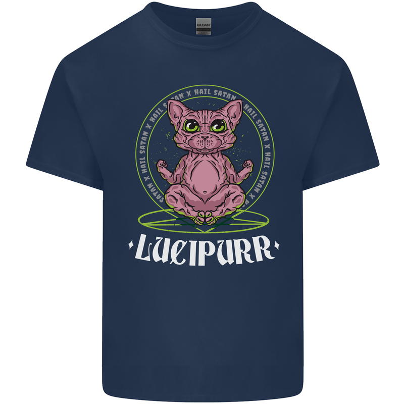 Lucipurr Demonic Hail Satan Cat Evil Kids T-Shirt Childrens Navy Blue