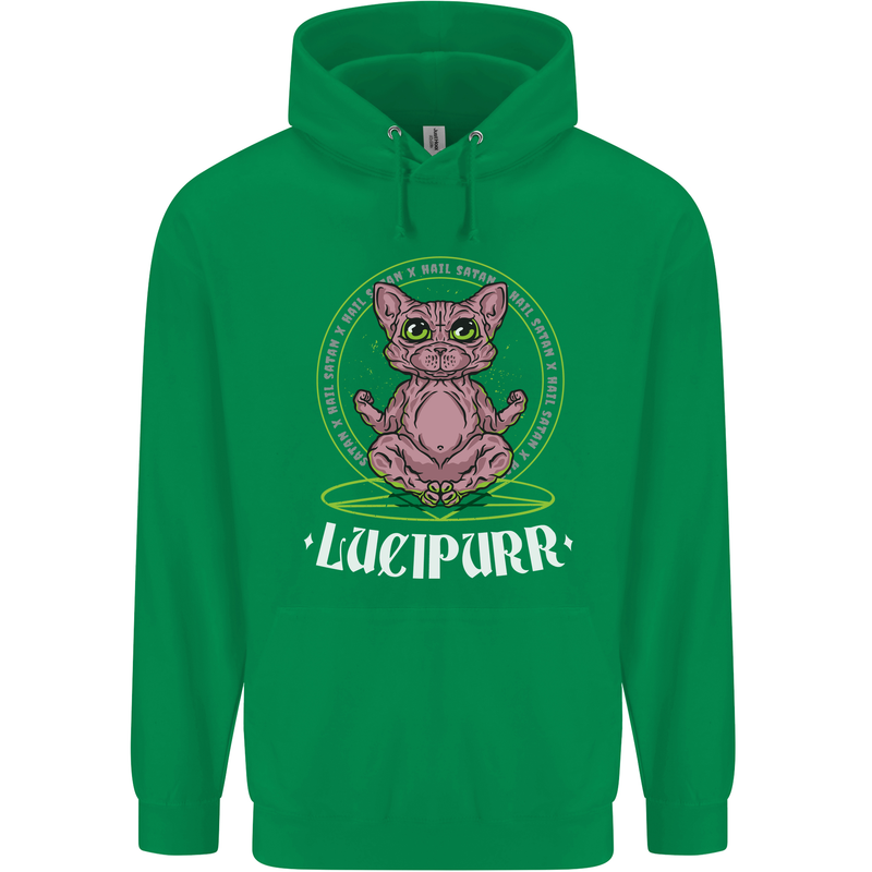 Lucipurr Demonic Hail Satan Cat Evil Mens 80% Cotton Hoodie Irish Green