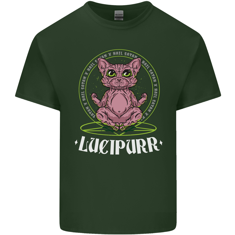Lucipurr Demonic Hail Satan Cat Evil Mens Cotton T-Shirt Tee Top Forest Green