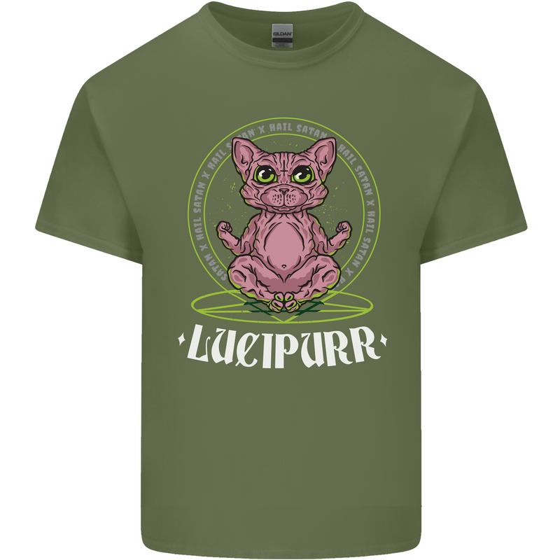 Lucipurr Demonic Hail Satan Cat Evil Mens Cotton T-Shirt Tee Top Military Green