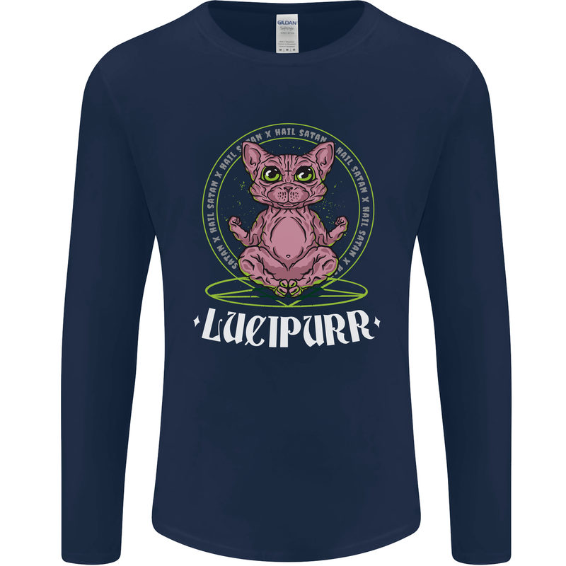 Lucipurr Demonic Hail Satan Cat Evil Mens Long Sleeve T-Shirt Navy Blue
