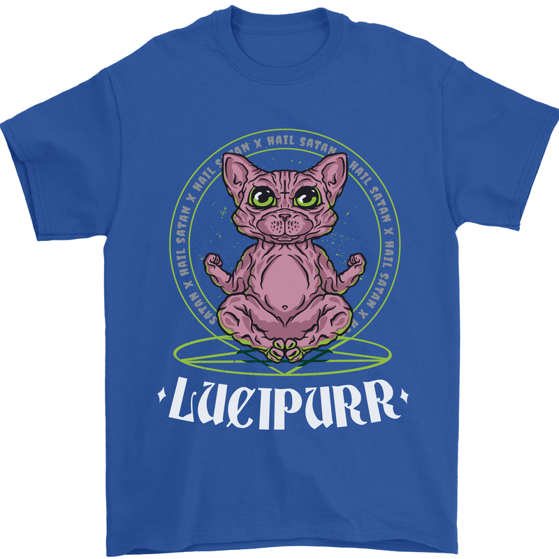 Lucipurr Demonic Hail Satan Cat Evil Mens T-Shirt 100% Cotton Royal Blue