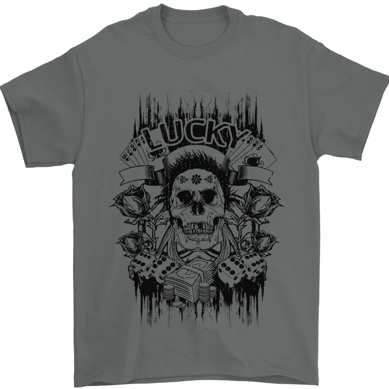 Lucky Dice Skull Motorbike Biker Motorcycle Mens T-Shirt Cotton Gildan Charcoal