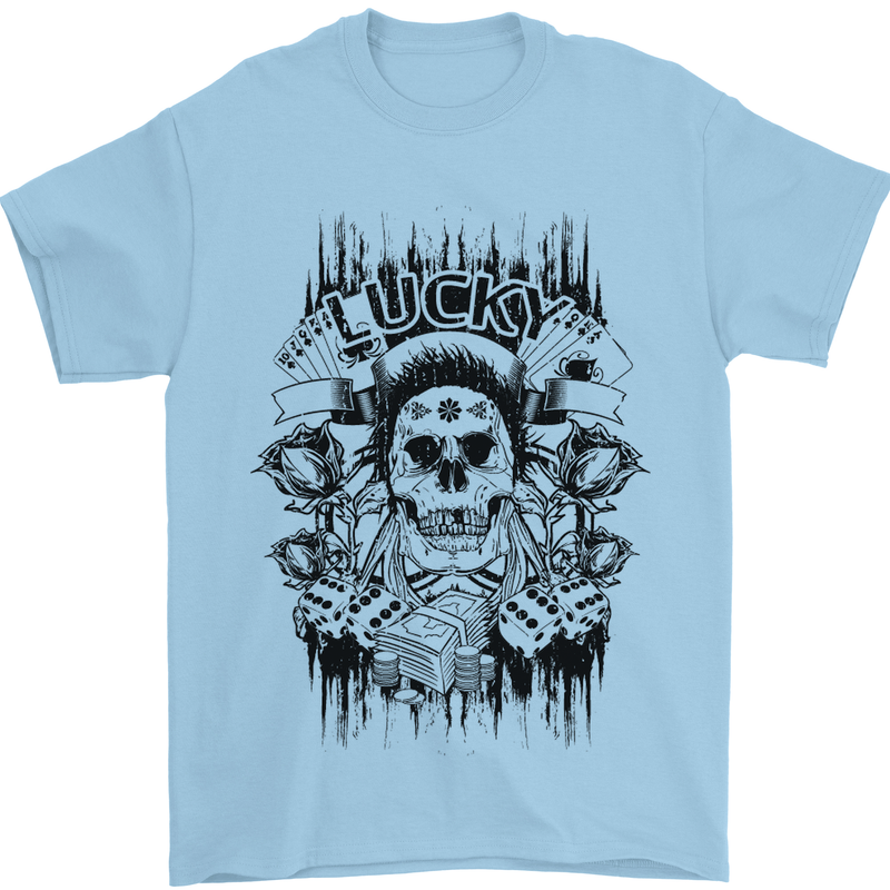 Lucky Dice Skull Motorbike Biker Motorcycle Mens T-Shirt Cotton Gildan Light Blue